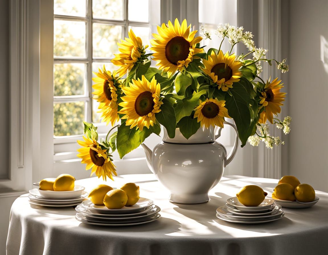 Sunlit Still Life: Sunflowers, Teacups, and Lemons