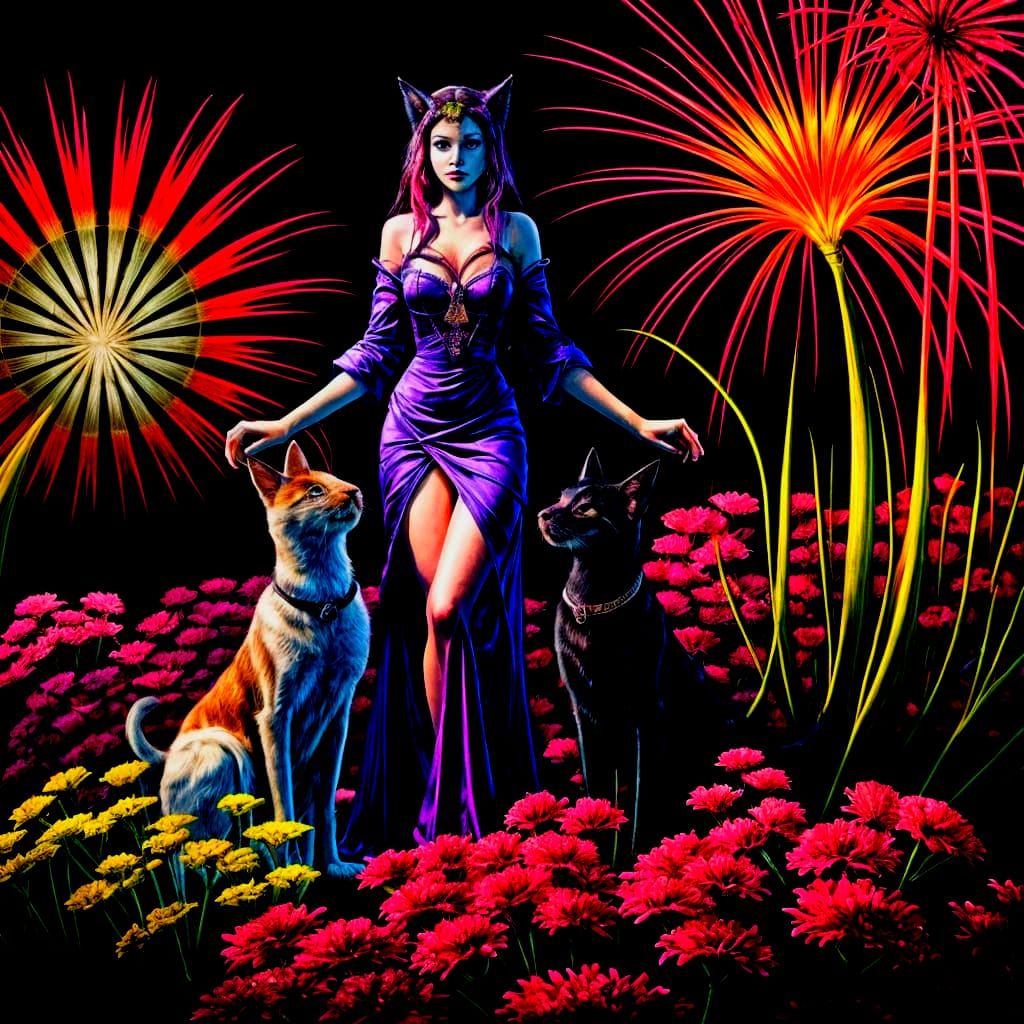 Mystical Cat in Shimmering Armor, Surrounded by Vines and Fl...