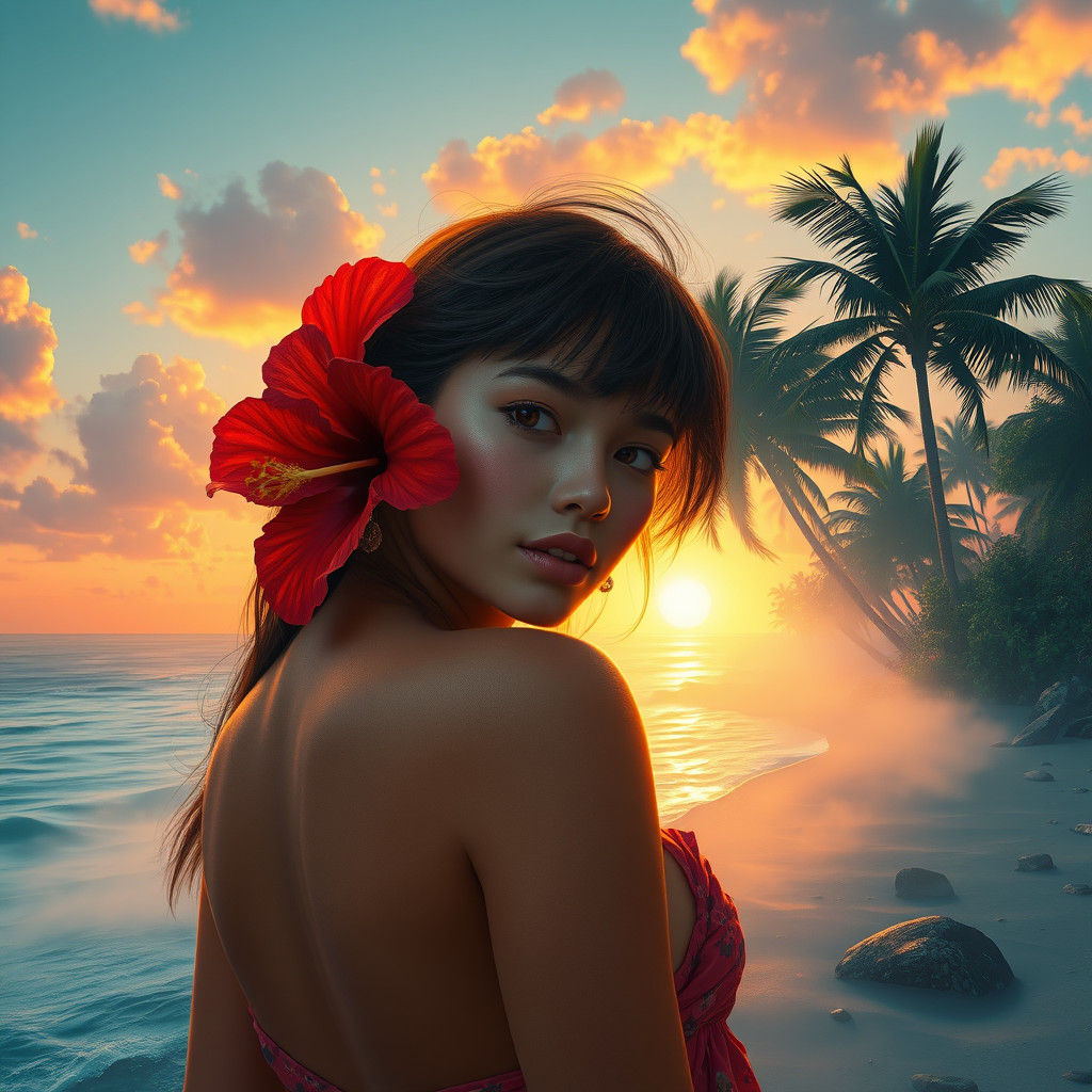 Surreal Tropical Goddess amidst Majestic Palm Trees and Crys...