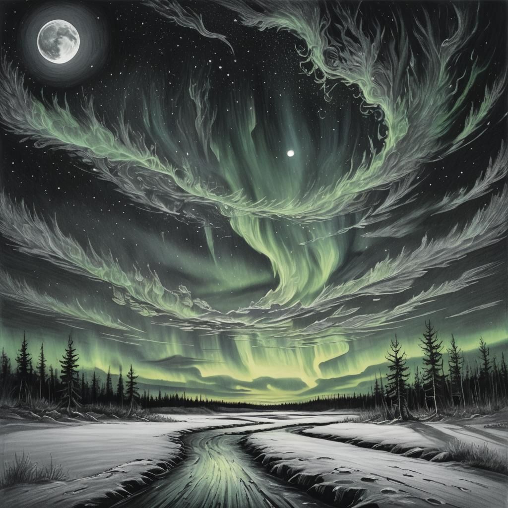 Icy Nocturnal Landscape with Northern Lights in Charcoal