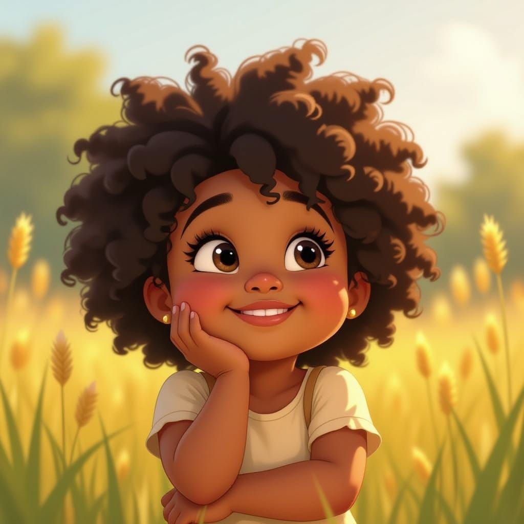 Happy Black Girl in Tall Grass: Pixar-Inspired Animation