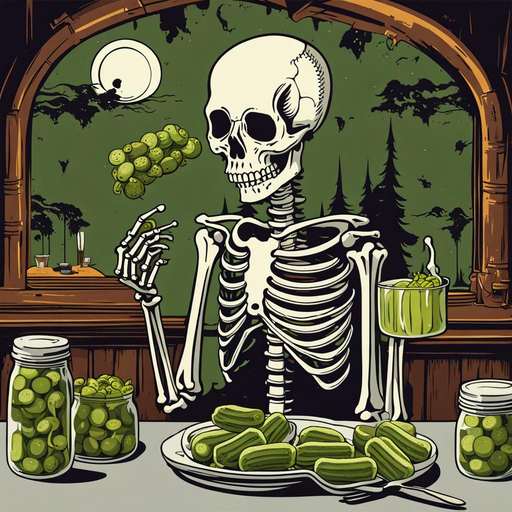 Skeleton's Unusual Snack: A Pickle Feast