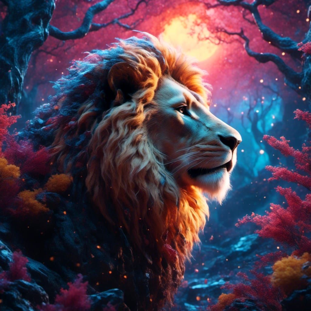 Roaring Lion in Dreamlike Forest, Fantasy Art