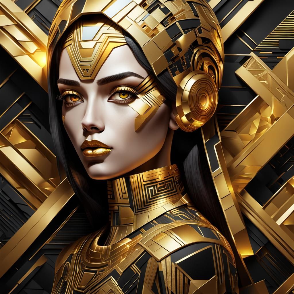 Futuristic Geometric Female Portrait in Cubist Style