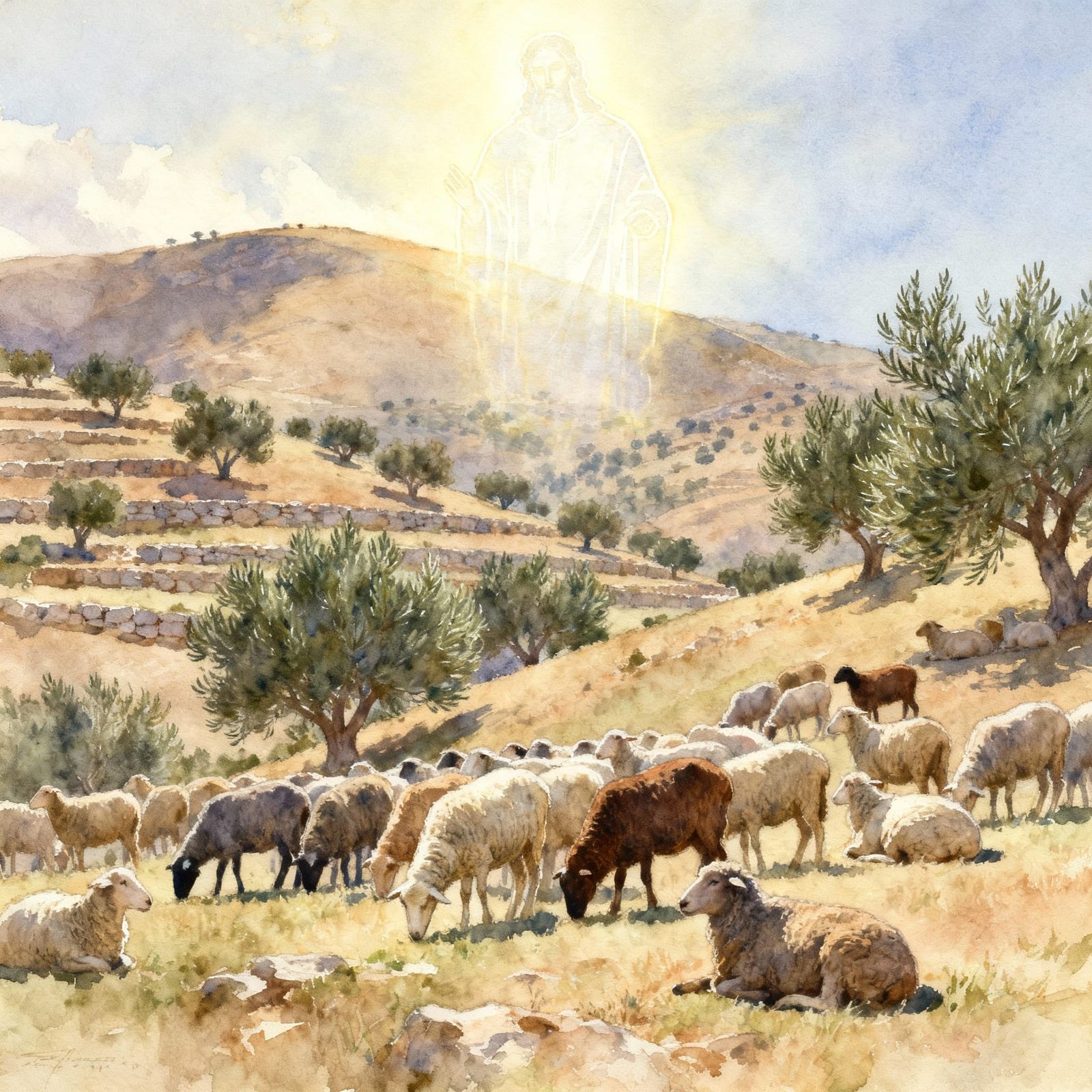Divine Shepherd Watches Over Diverse Sheep Flock