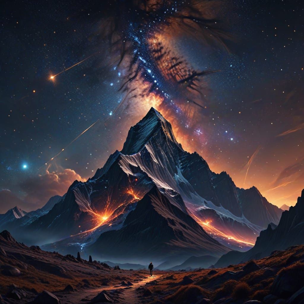 Cosmic Mountain Peak Under Starry Skies