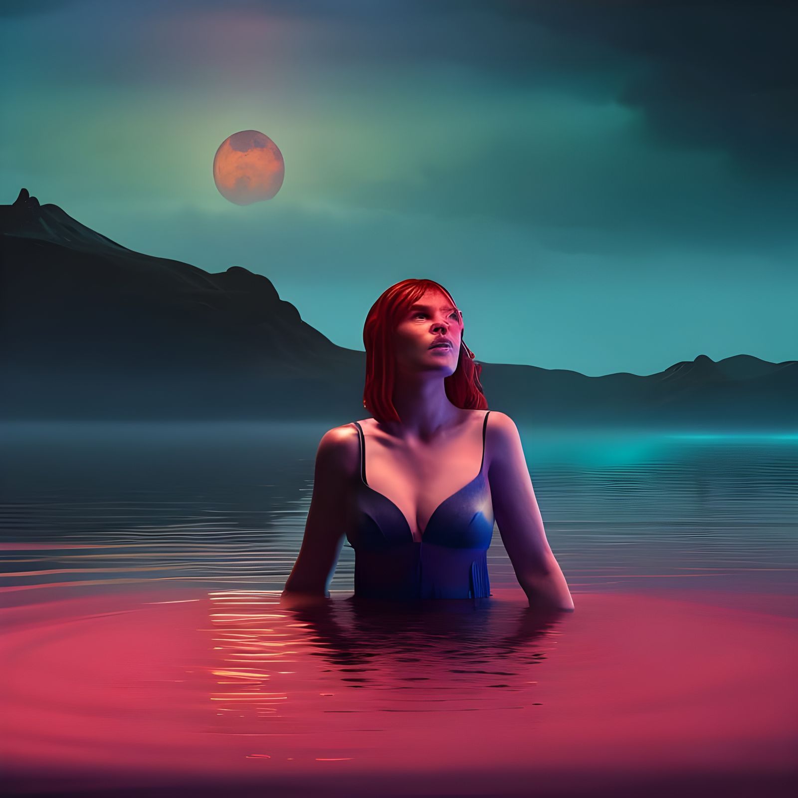 Redhead Woman Bathes Under Starry Night Sky