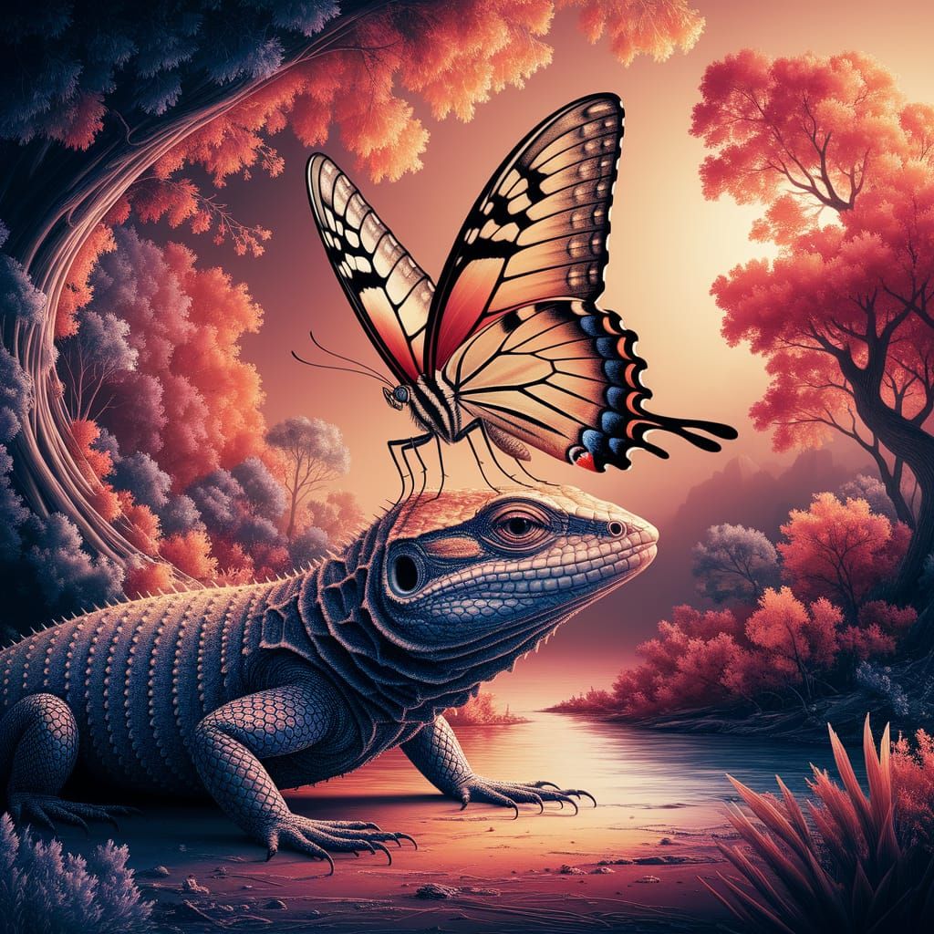 Butterfly and Lizard in HDR Oil Painting