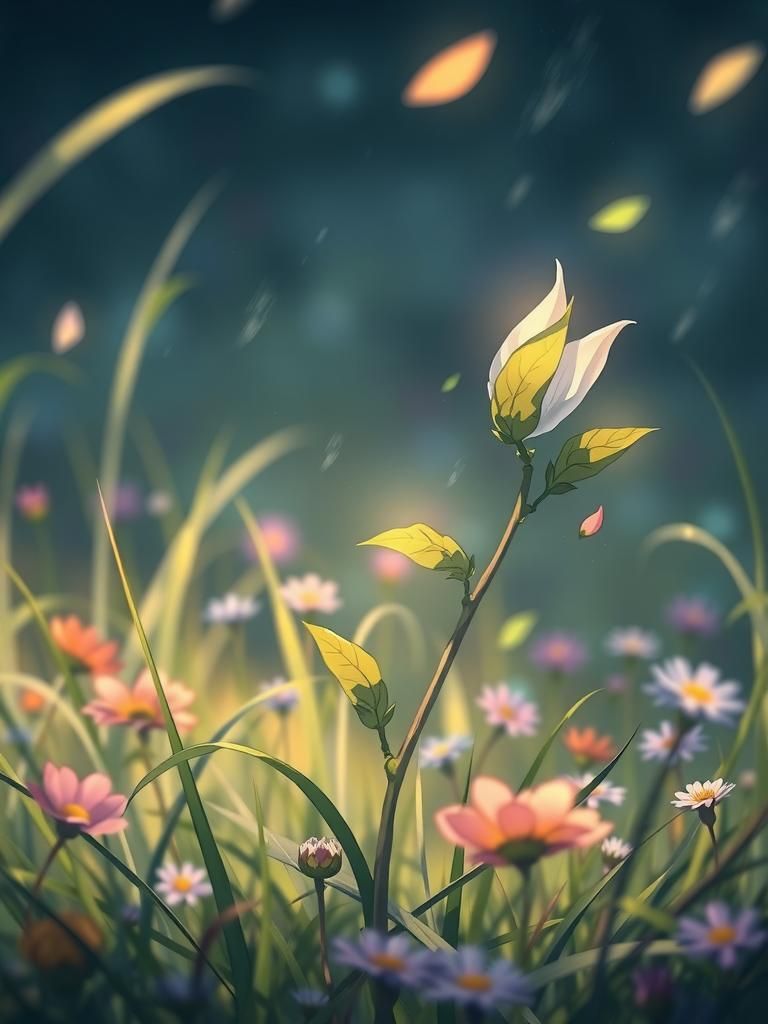 Vulnerable Seedling Swaying in Windy Anime Meadow