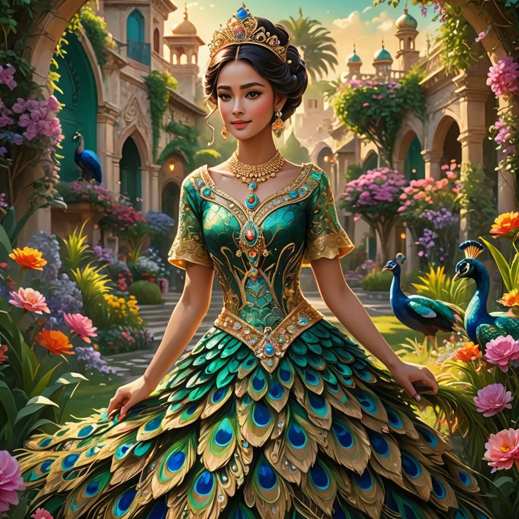Princess in Peacock Dress in Enamelled Garden