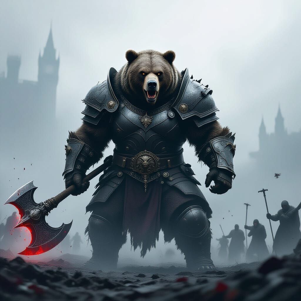 Victorian Armored Grizzly Bear Warrior with Battle Axe
