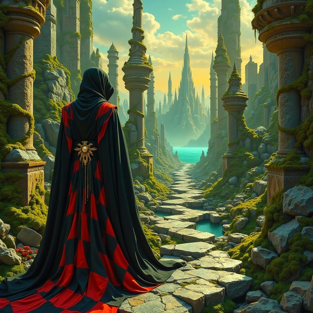 Gothic Ruins and Golden City on Oceanic Plain