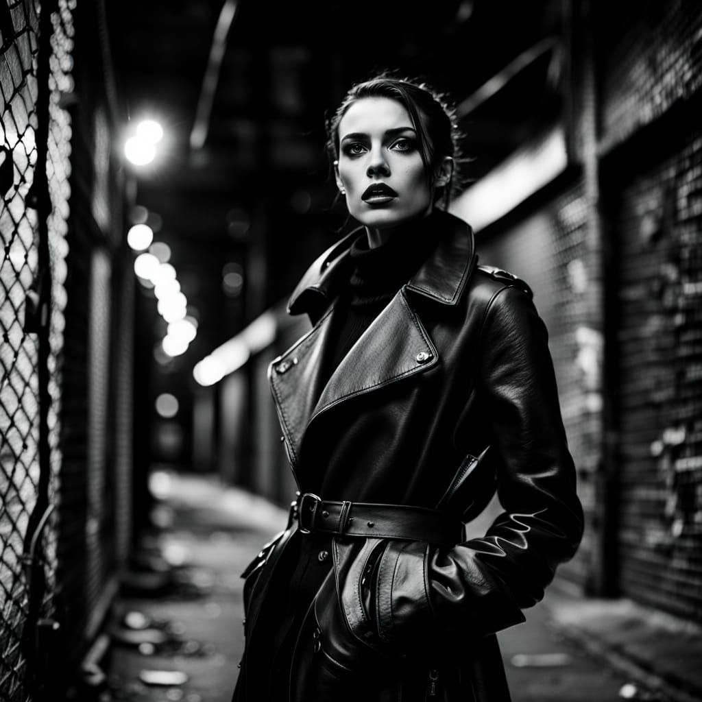 Moody Female Portrait in Black Leather Coat, Urban Shadows a...
