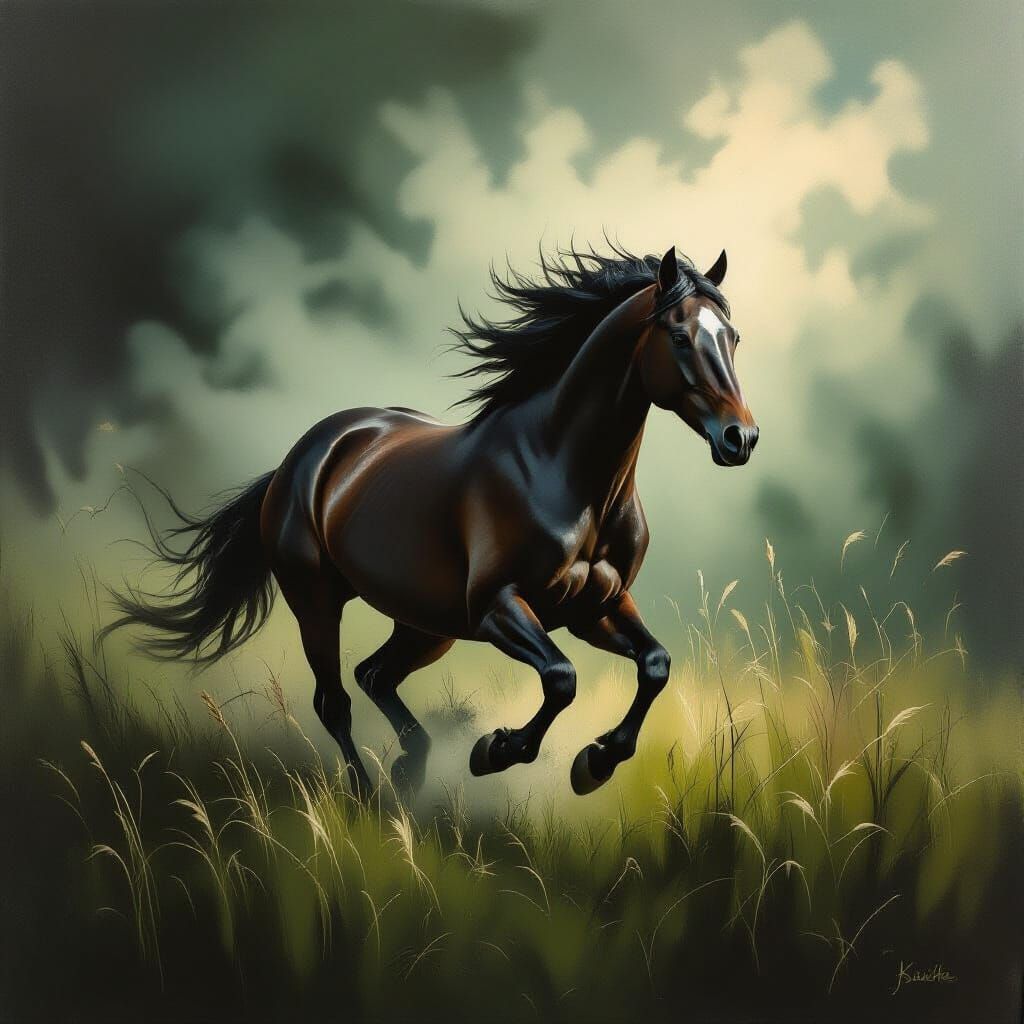 Arabian Horse Gallops in Shadowy Field