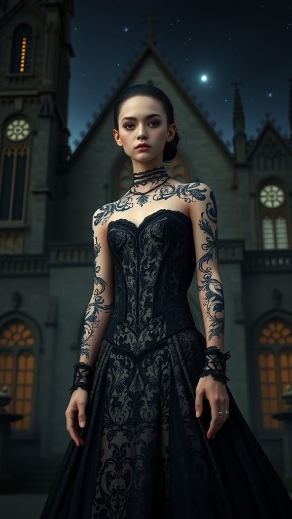 Gothic Bride with Tattoos in Dark Fantasy Setting
