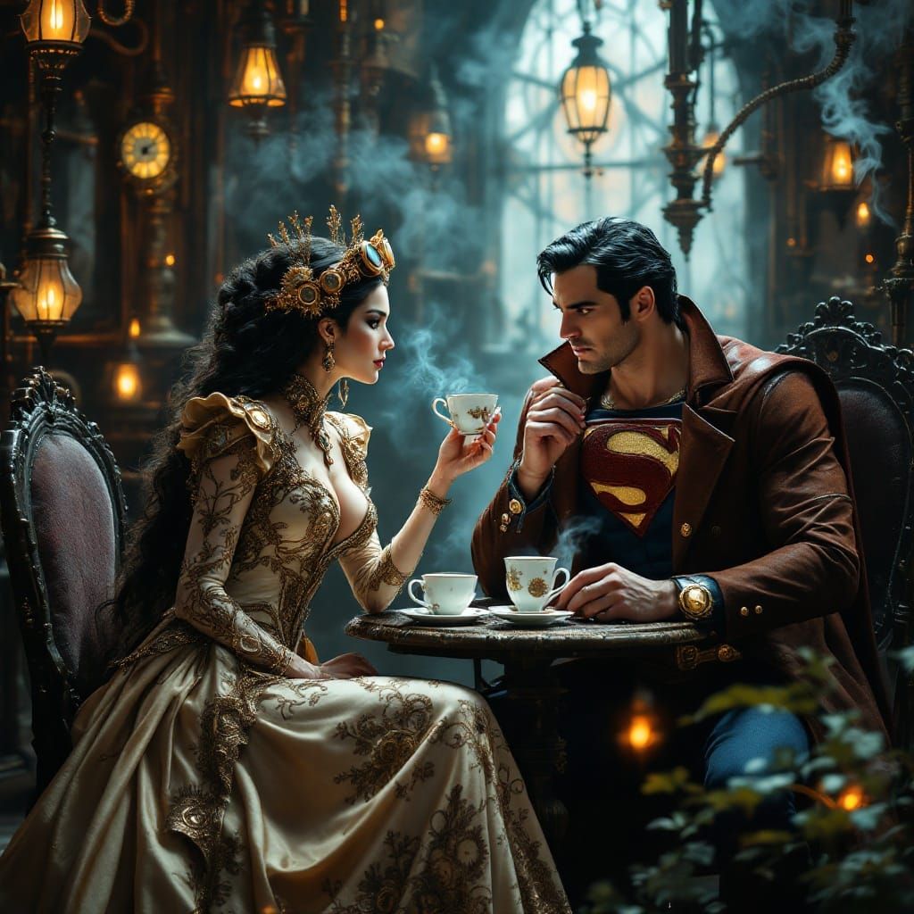 Steampunk Queen Sips Tea with Superman in Mysterious Lair