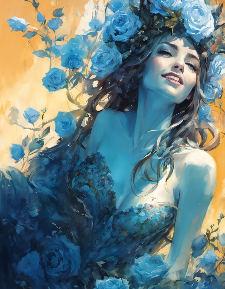 Goddess Hel on Throne with Blue Roses