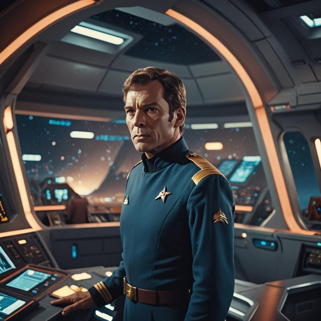 Starfleet Officer Gazing at Galaxy on Enterprise Bridge