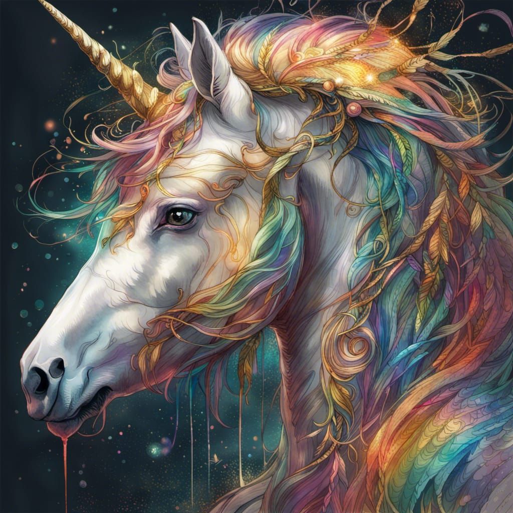 Rainbow Unicorn Portrait in Magical Forest