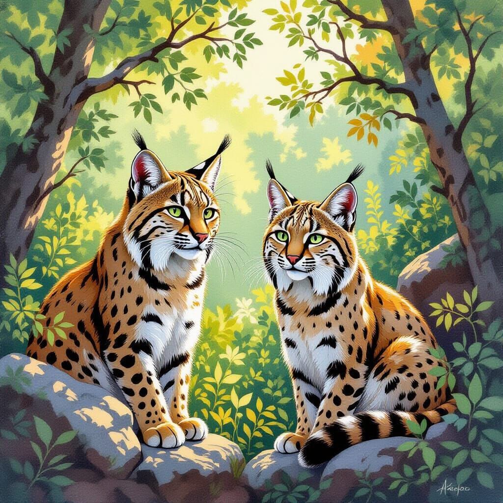 Bobcats in Lush Forest Habitat - Gouache Painting