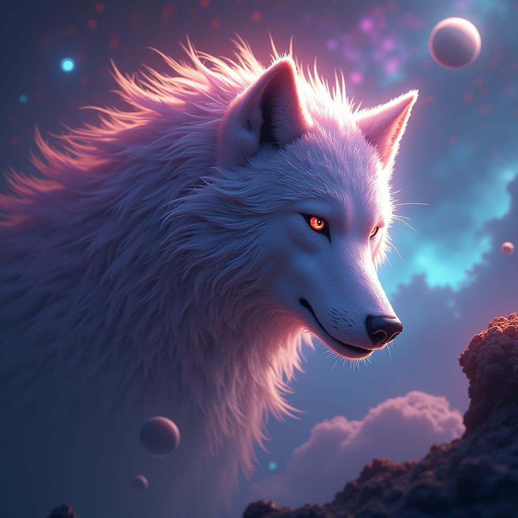 Wolf Head Emerges from Starry Galaxy in 3D Anime Art