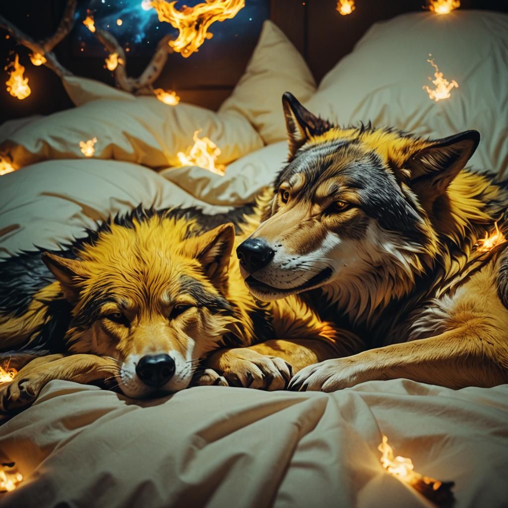 Cosmic Fire Wolf Sleeping: Cinematic Film Still