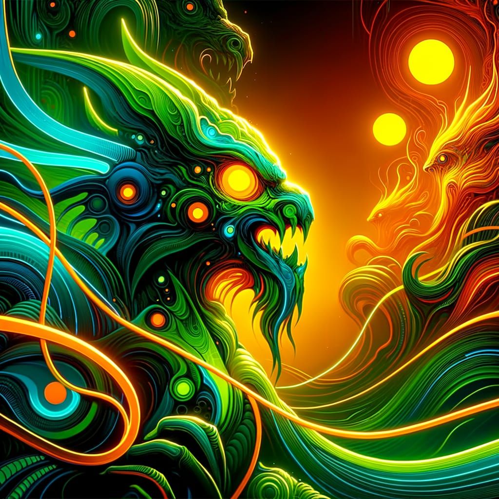 Neon Green and Orange Cityscape in Cyberpunk Style