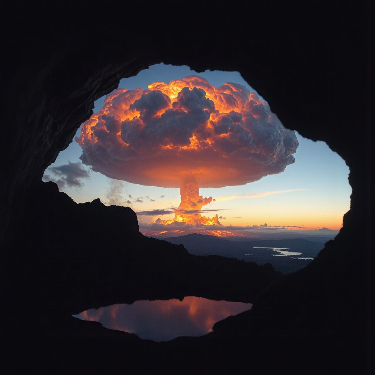 Apocalyptic Cave Landscape with Nuclear Mushroom Cloud