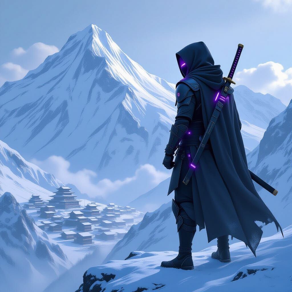 Ninja on Snowy Peak Overlooking Village