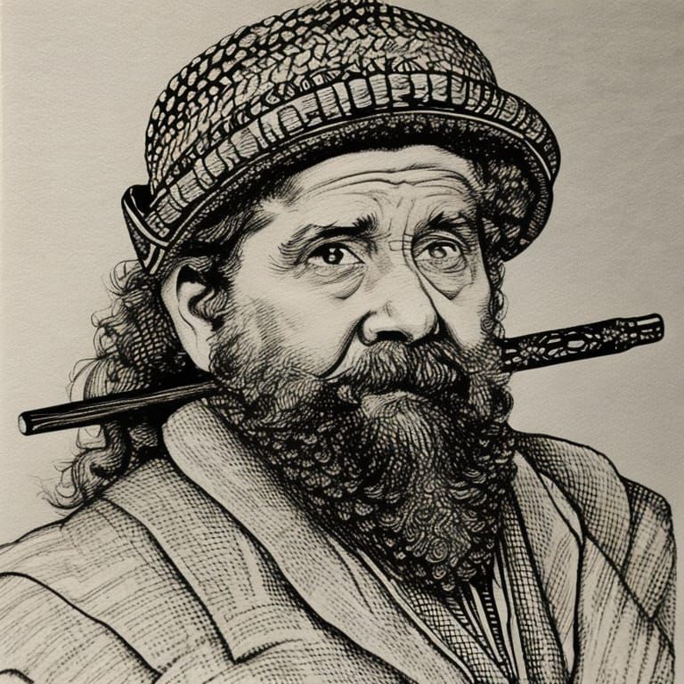 Dwarf Minstrel with Flute in Rembrandt Style