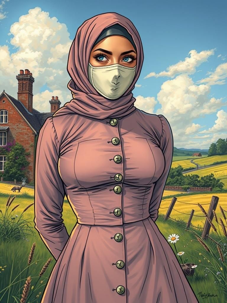 Victorian Hijabi Woman in Countryside Comic Art