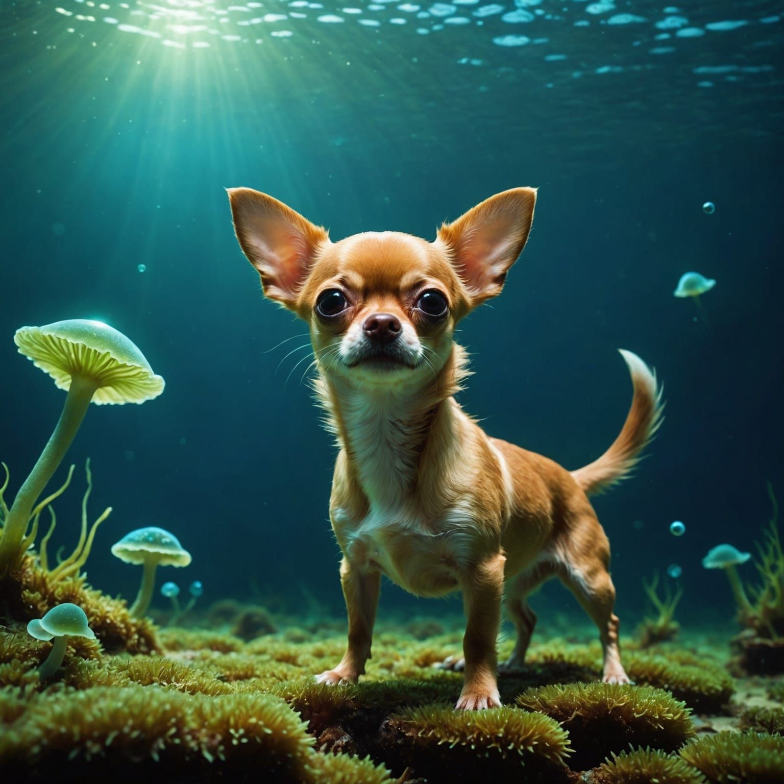 Chihuahua Floats in Bioluminescent Deep Sea