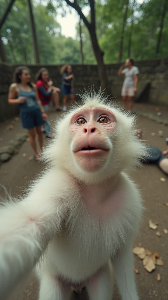 Monkey Selfie in Park with Laughing People