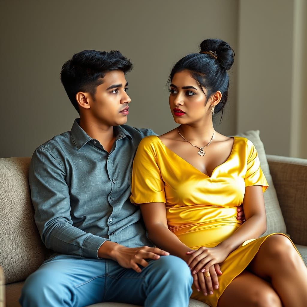 Elegant Indian Woman in Yellow Silky Outfit on Sofa
