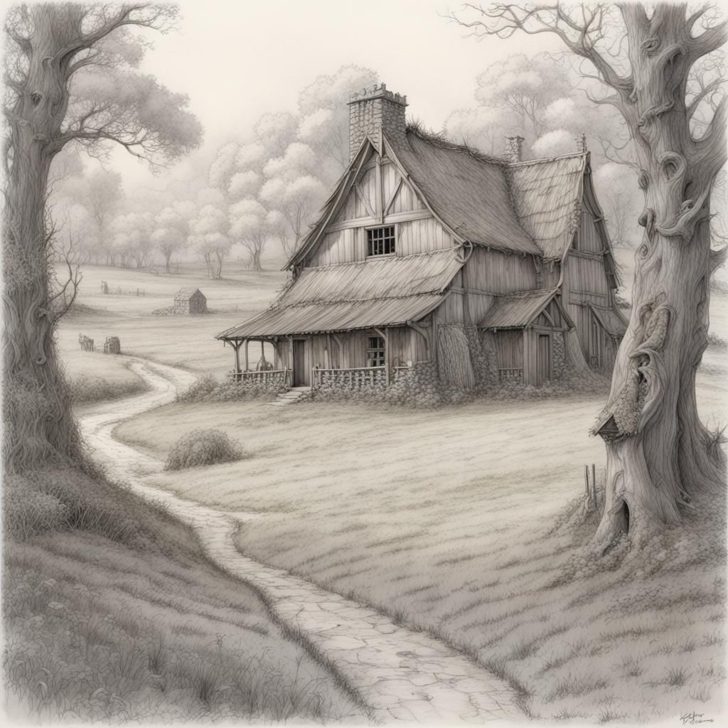 Fantasy Farmstead Line Drawing in Woodland Pasture