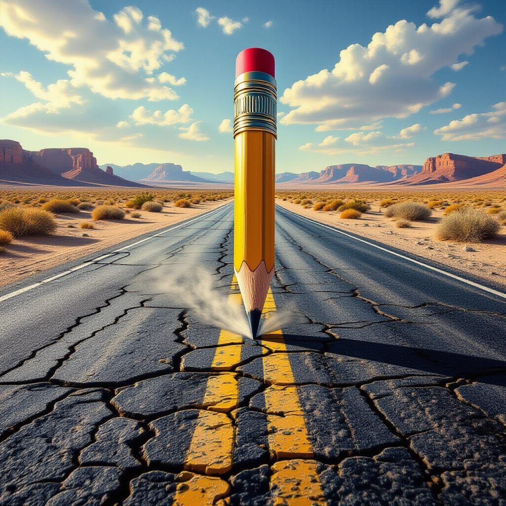 Hyperrealistic Desert Road Drawing with Dramatic Lighting