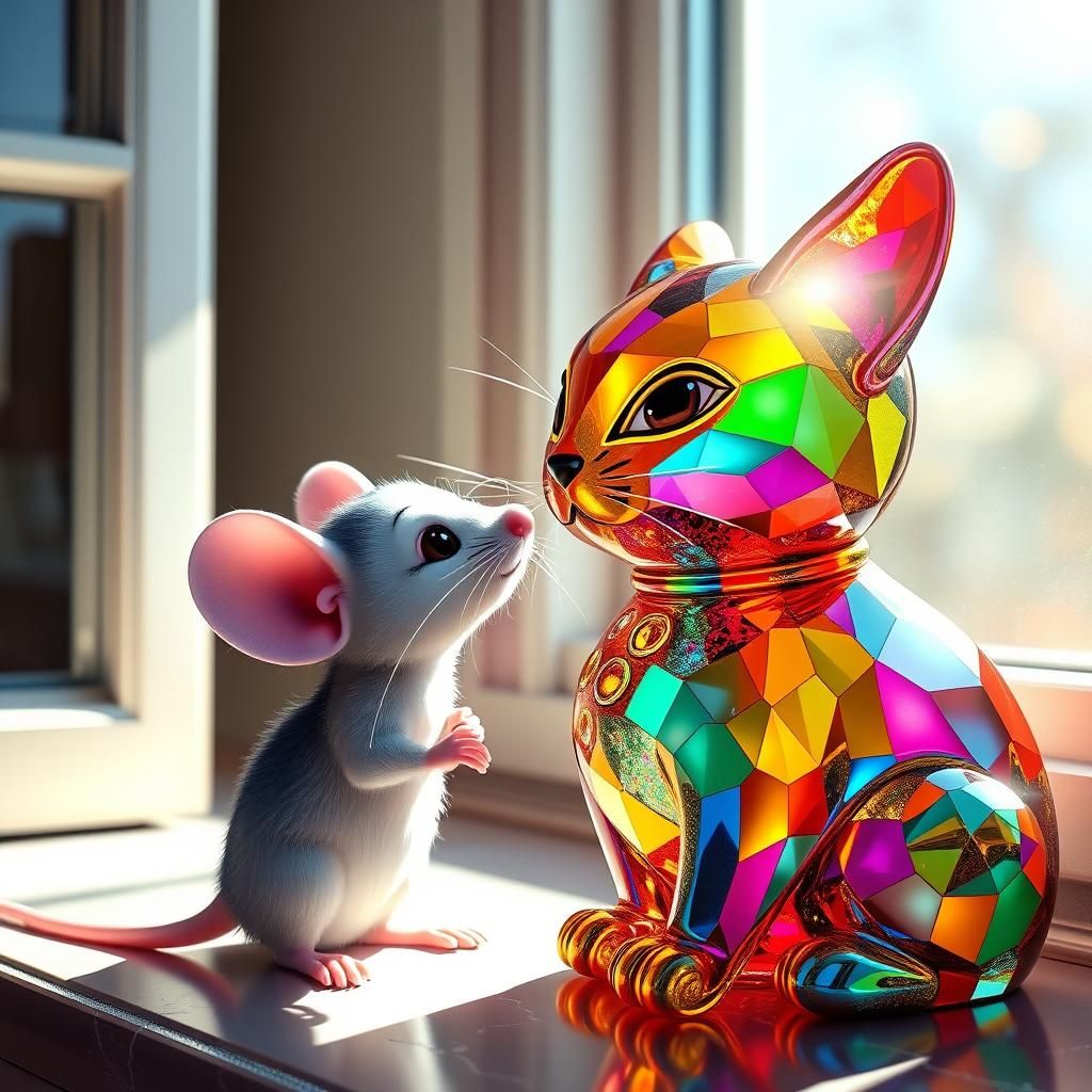 Cartoon Mouse and Glass Cat Sparkle in Sunlight