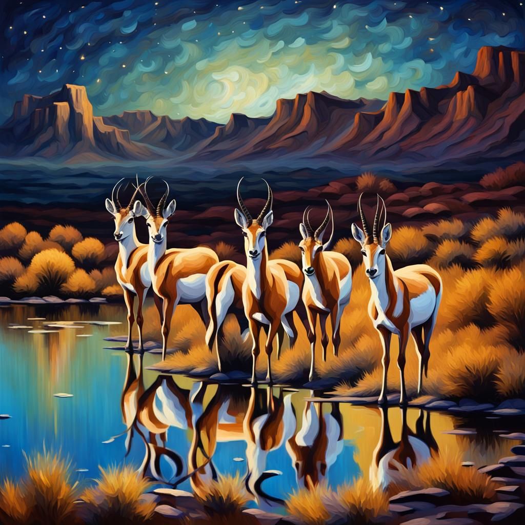Antelopes at Night: Vivid Impasto Oil Painting