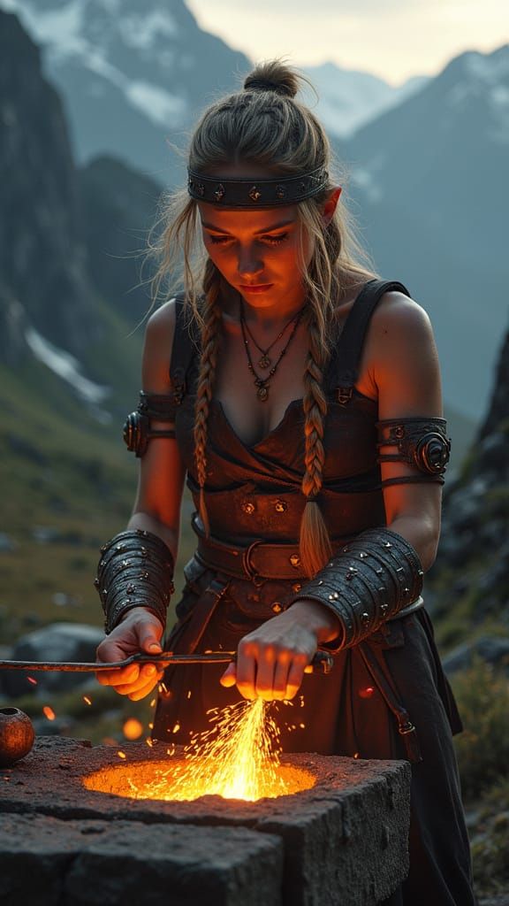 Norse Warrior Woman at Glowing Forge in Mythic Realism