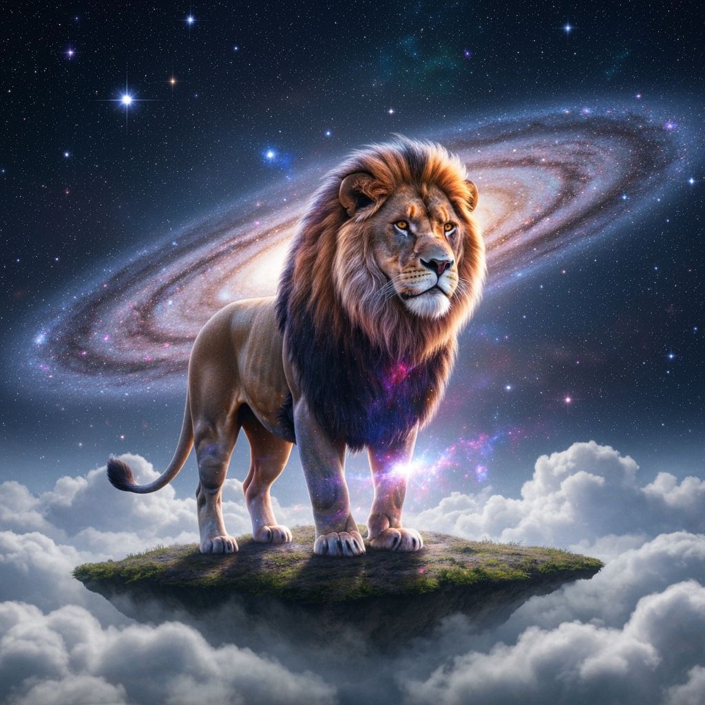 Cosmic Lion with Nebula Mane on Floating Island
