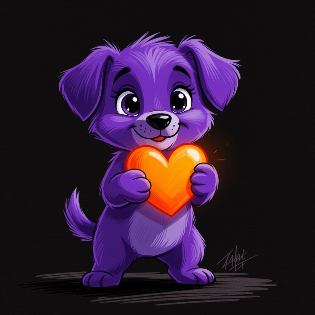 Cute Purple Puppy Holding Orange Heart in Cartoon Sketch Sty...