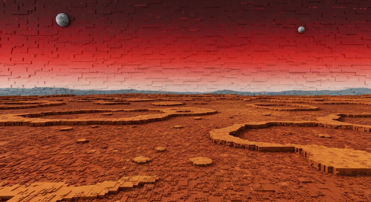Lego impressionistic mural of the surface of Mars with red s...
