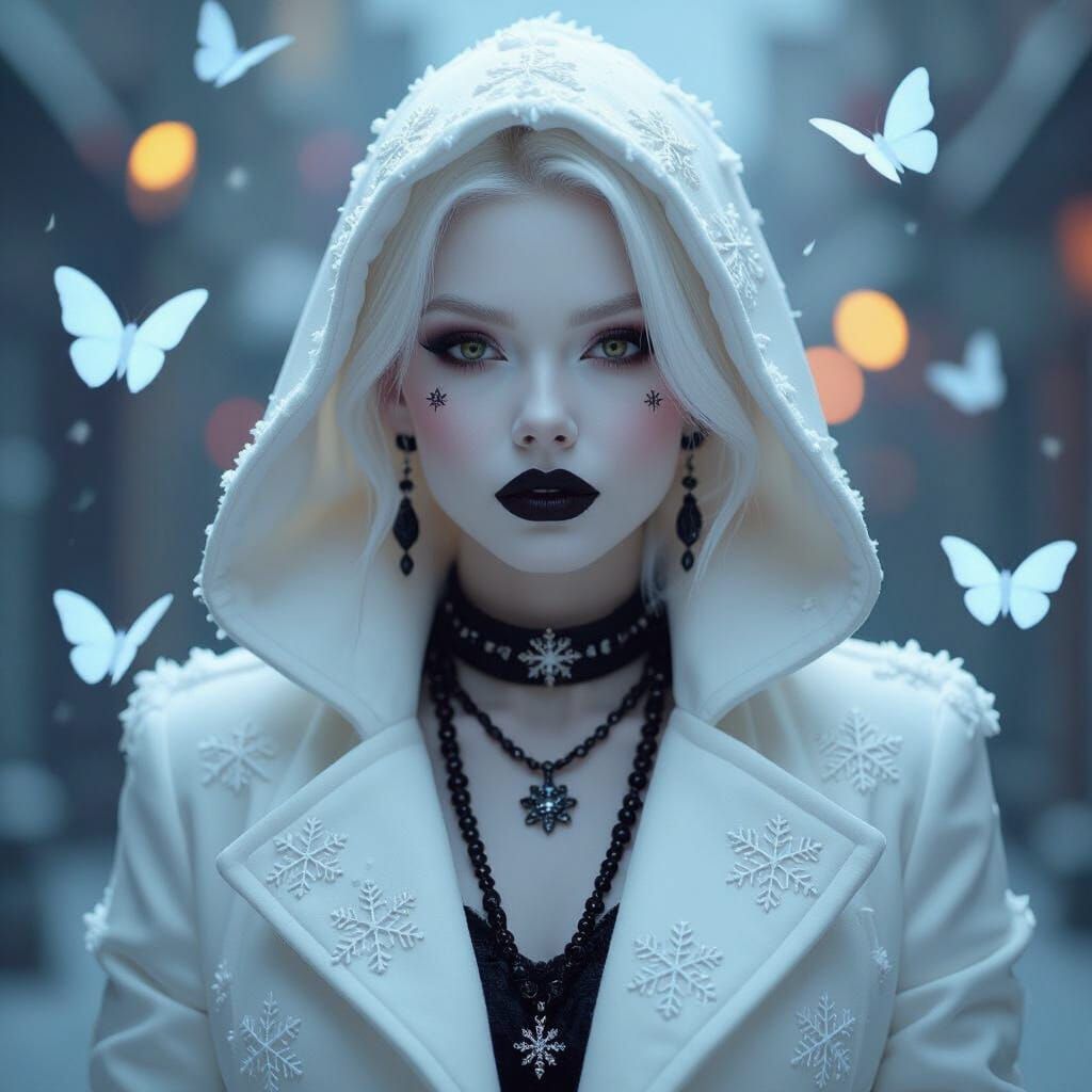 Albino Woman in Snow Coat with Moths - Cinematic Concept Art