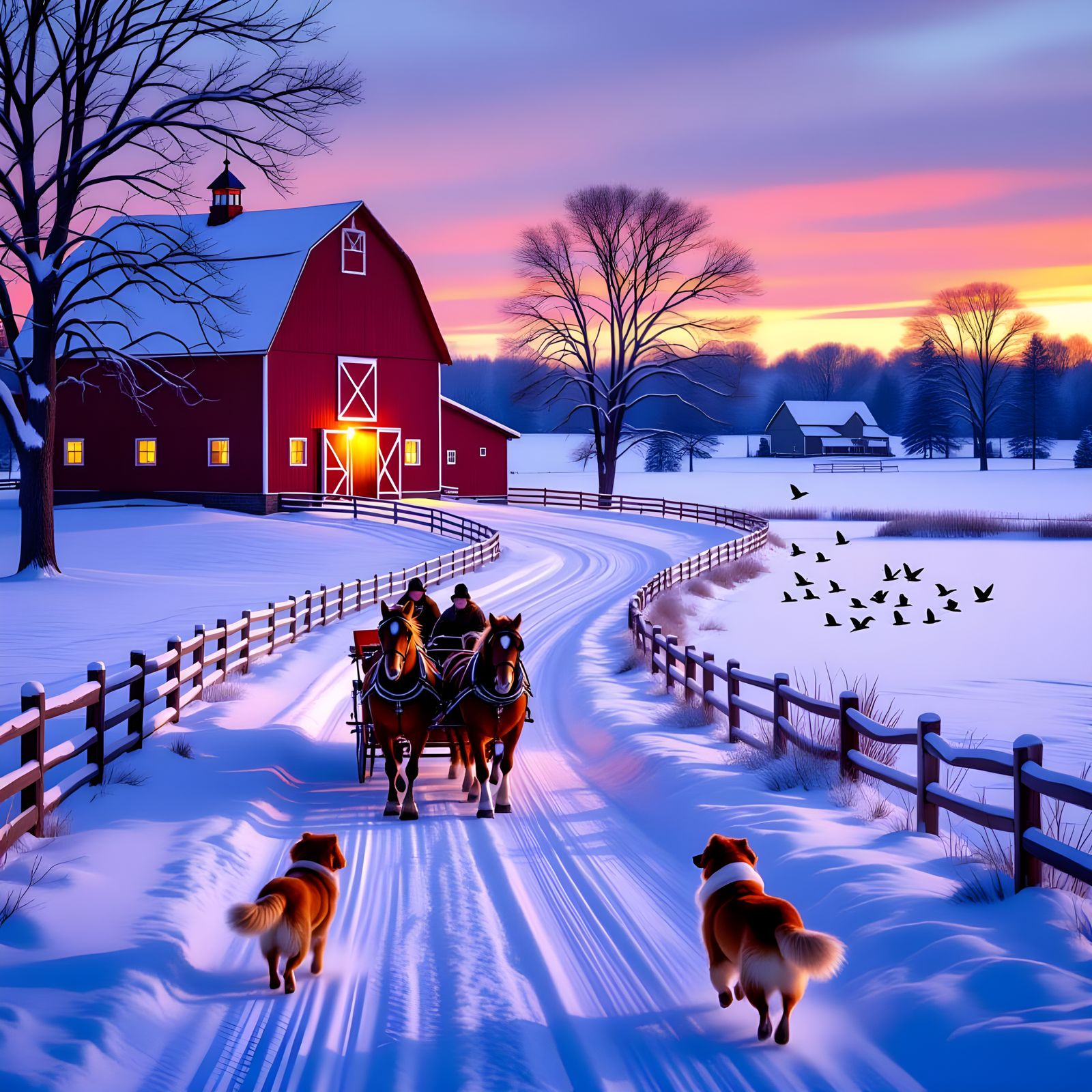 Winter Farmstead Evening in Terry Redlin Style
