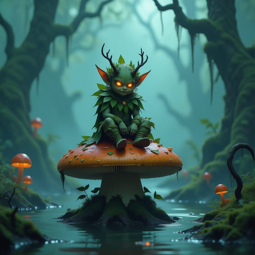 Forest Imp in Mist-Shrouded Swamp, Dark Fantasy Art