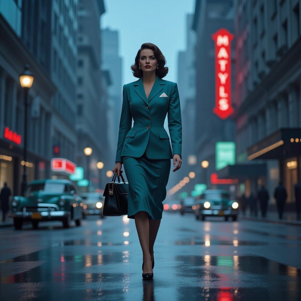 Regal Secretary in 1950s Metropolis, Film Noir Style