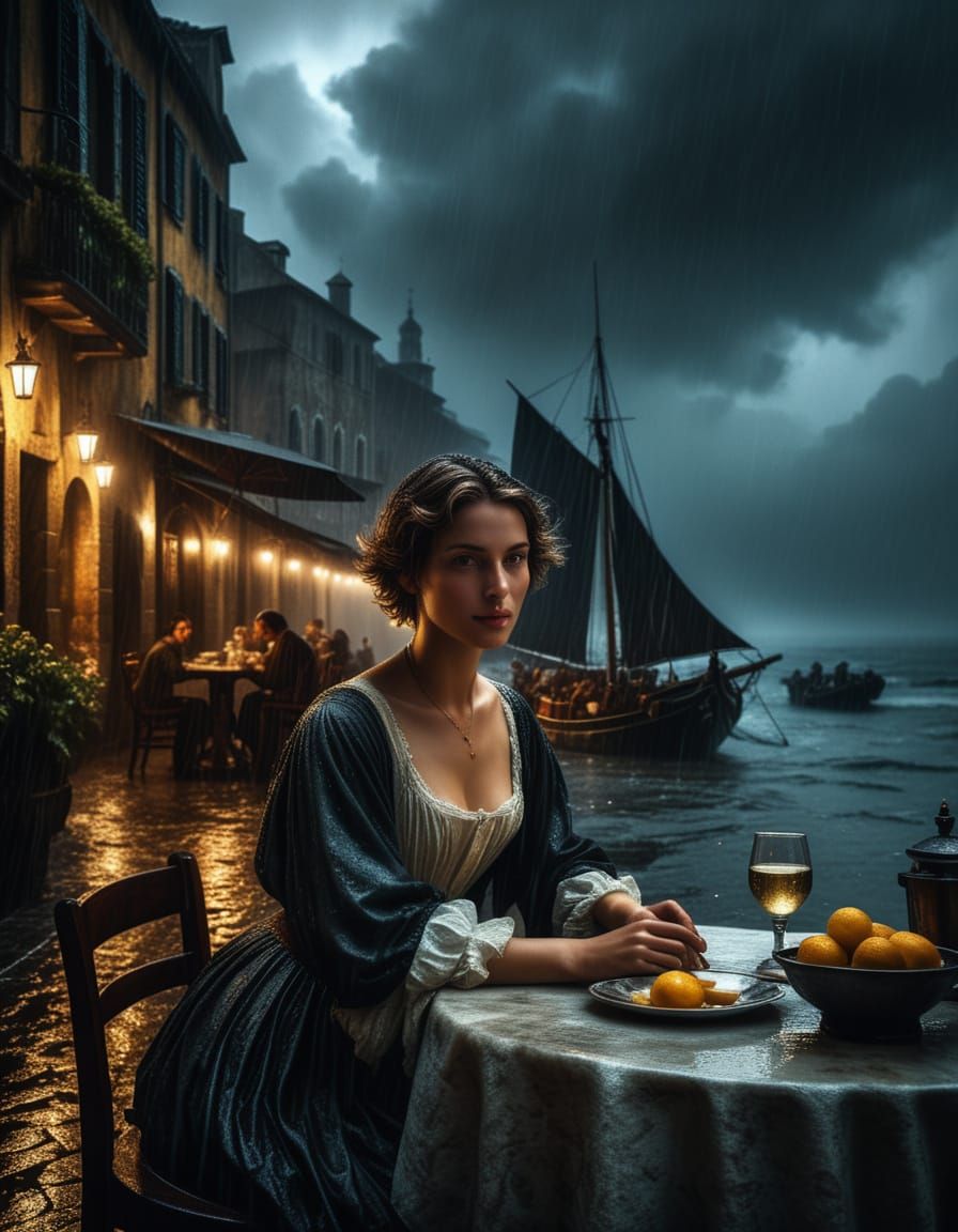 Woman in Rainy Cafe Scene, Baroque Oil Painting Style