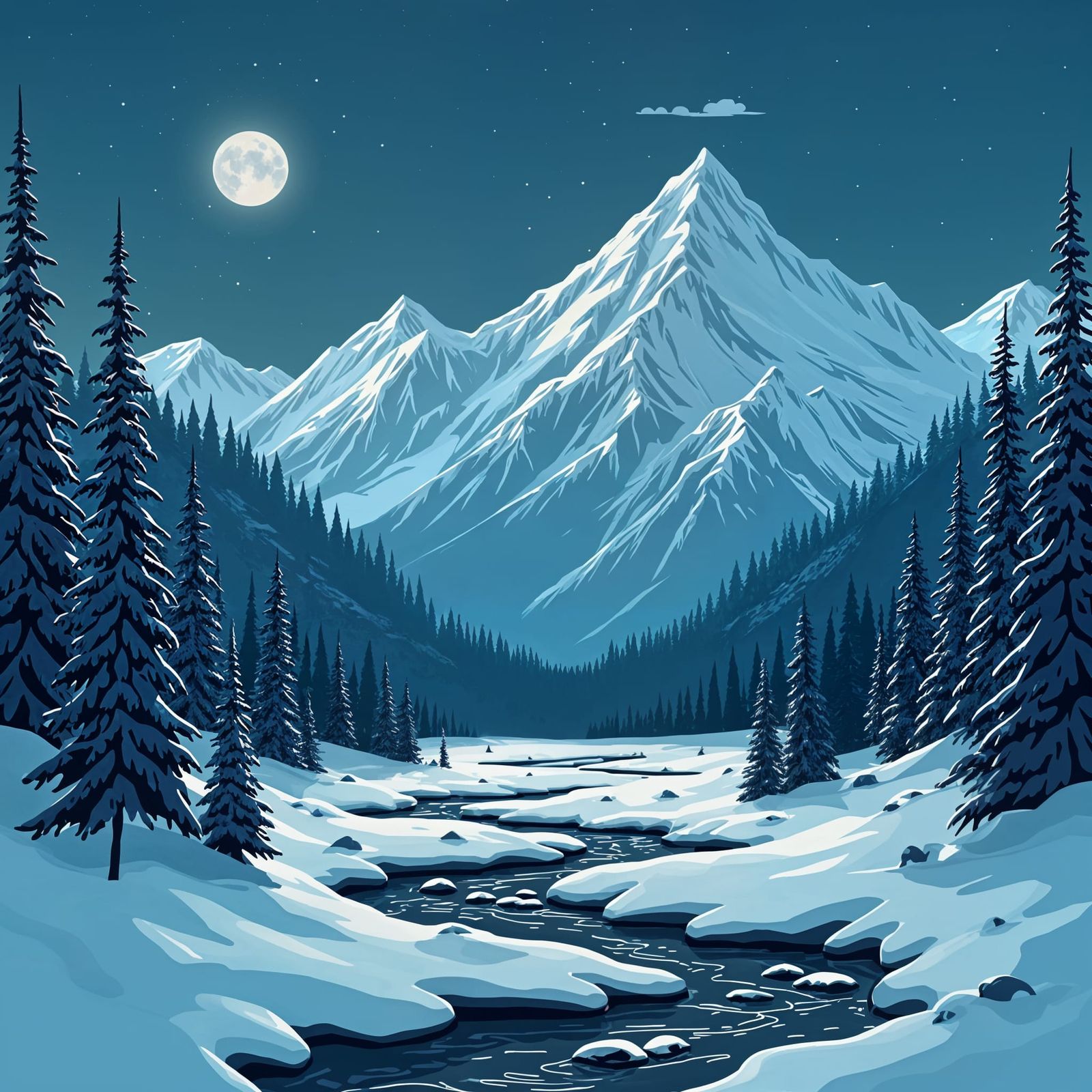 Stylized Night Mountain Scene in Material Design