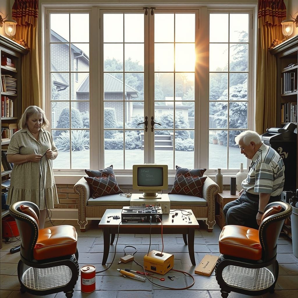 Centenarians Repairing Computer, Vintage Black and White Pho...