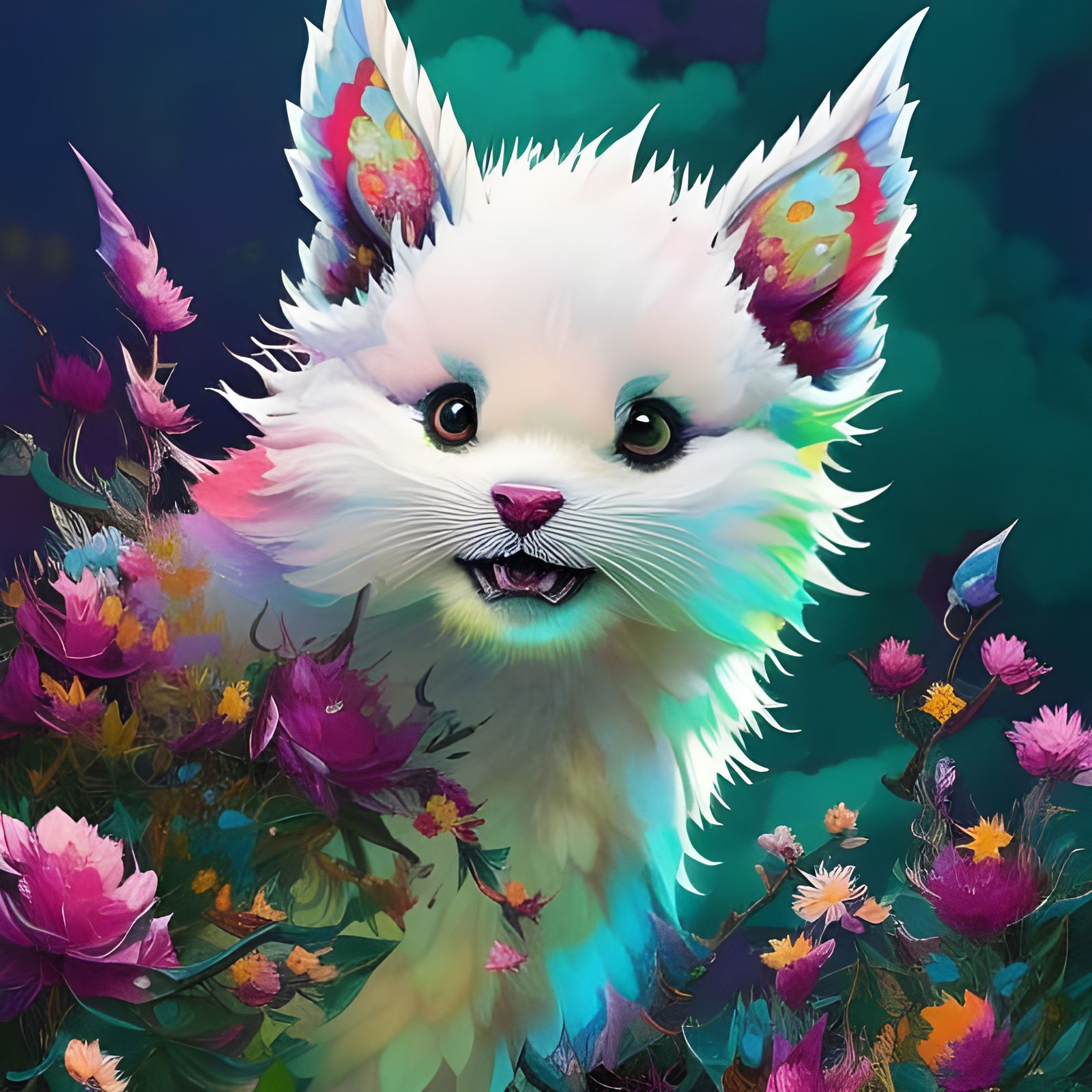 Fluffy Dragon Baby in Flowers, Digital Gouache Art
